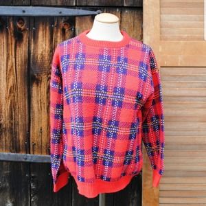 Vintage Red Blue Yellow Plaid Lightweight Sweater Size Small
